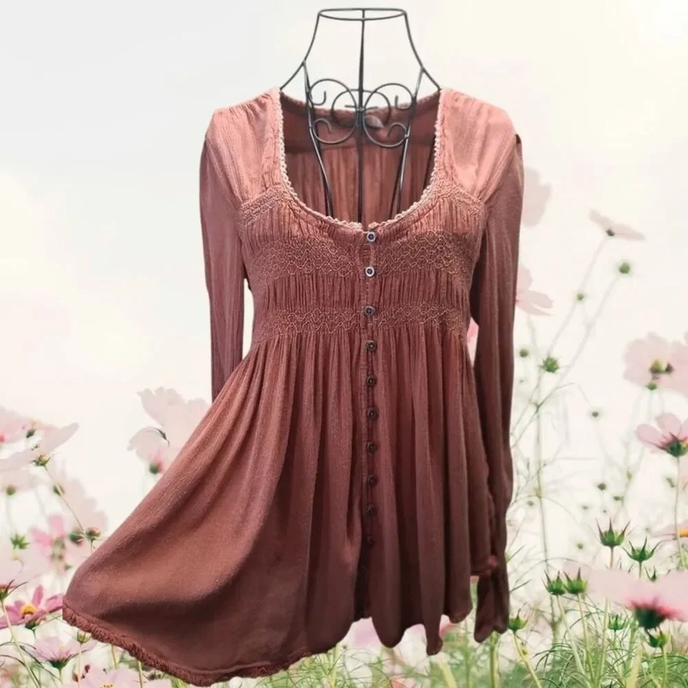 Y2K Vintage Smocked Peasant Tunic Top S/P Rose Brown Boho